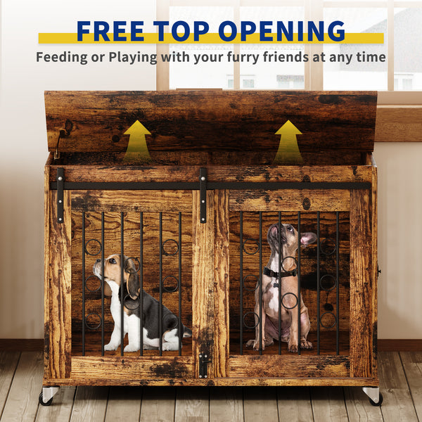 Stylish Dog Crate Furniture with Sliding Barn Door - 39'' Movable Crate with Wheels, Side Door, Detachable Divider, and Flip-Top Design for Small to Medium Dogs