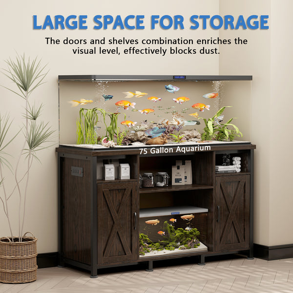 50-75 Gallon Aquarium Tank Stand with Power Outlets and Cabinet for Fish Tank Accessories Storage (Double door)