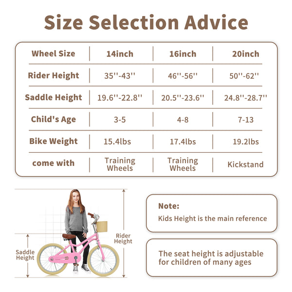 Kids Bike, 14 16 20 inch Girls Bike for 5-14 Girls with Training Wheels New