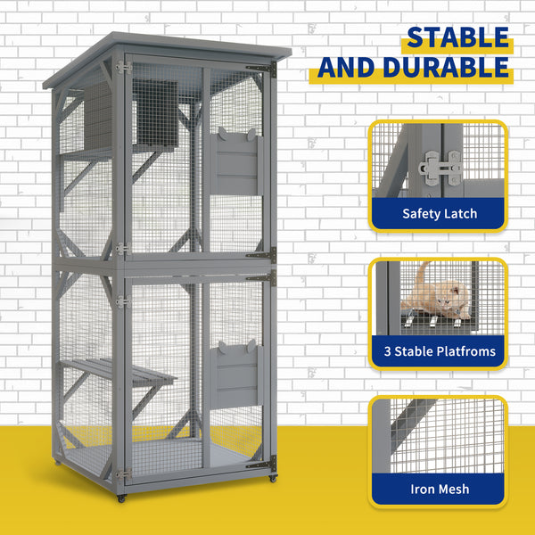 Outdoor Cat Enclosure with 3 Platforms, Outdoor Cat House with Fir Wood, 4 * 360° Wheels(3-Platform)