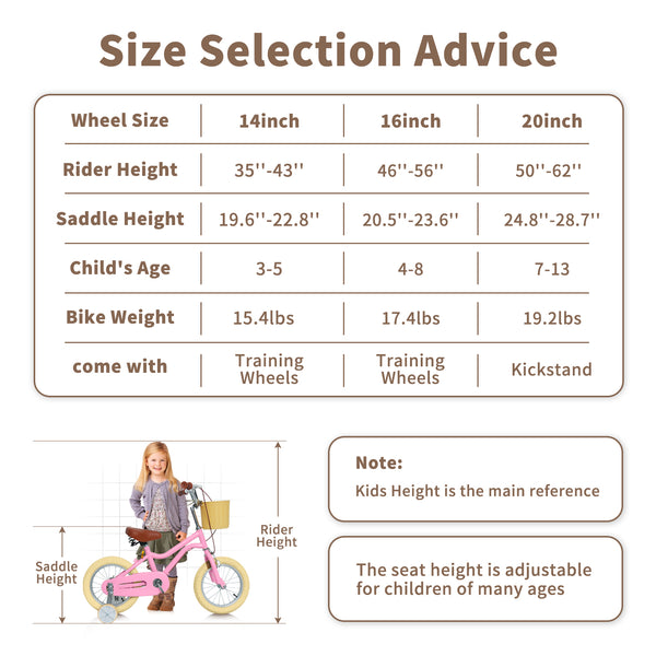 Kids Bike, 14 16 20 inch Girls Bike for 5-14 Girls with Training Wheels New
