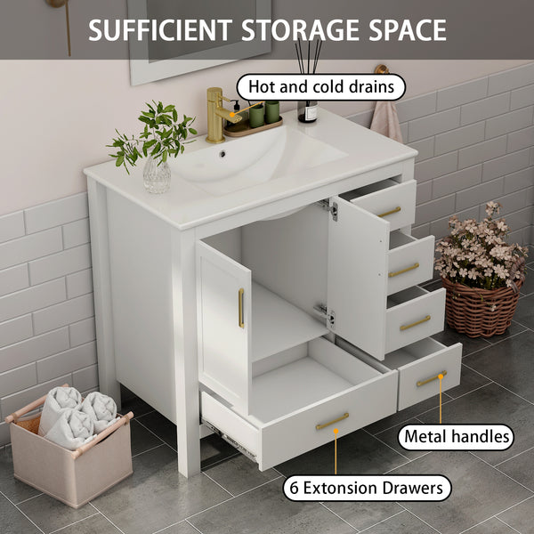 Complete 36" Bathroom Vanity Set with Sink, Faucet, and Storage - Ceramic Countertop, Soft-Close Doors, and Mirror Included, 36 "x18.3 x33