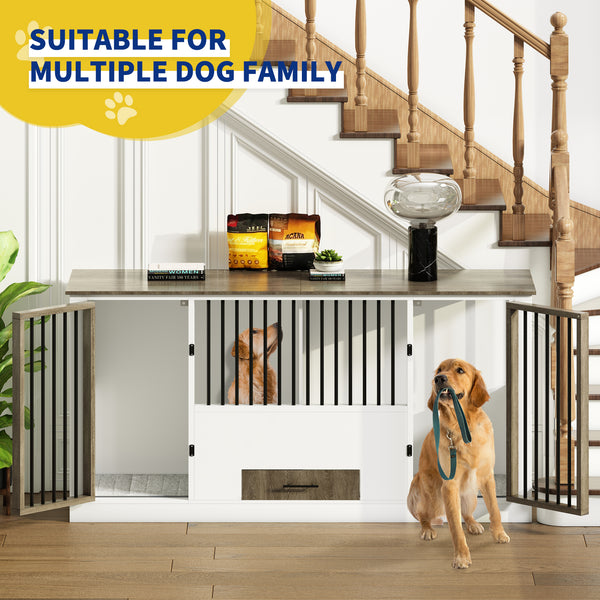 Dog Crate Furniture with 4 Stainless Steel Bowls, Wood Dog Crate End Table with Tray and Cushion, Double Dog Crate for 2 Dogs, Wooden Dog Cage Dog Kennel Indoor (Brown)