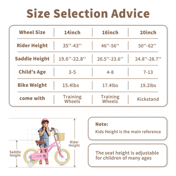 Kids Bike, 14 16 20 inch Girls Bike for 5-14 Girls with Training Wheels New