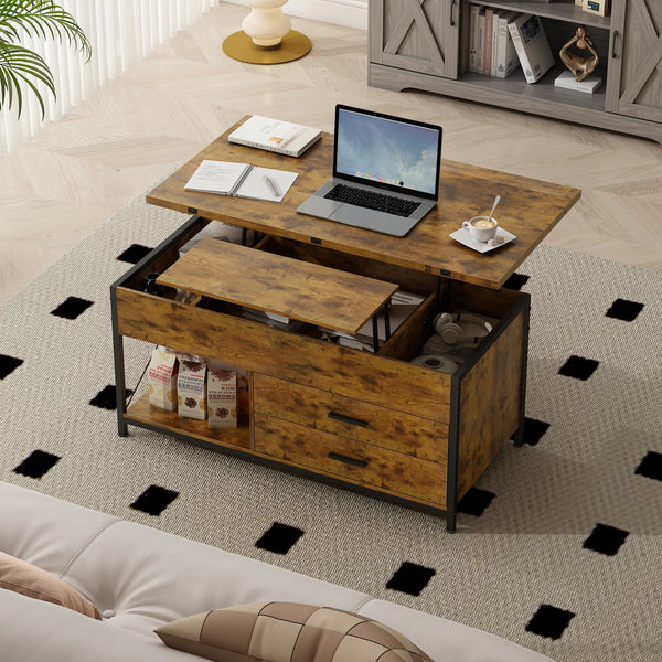 Lift Top Coffee Table, 4 in 1 Multi-Function Coffee Tables with Open Shelf and 2 Drawers, Coffee Table for Living Room, Dining Reception Room, Home Office