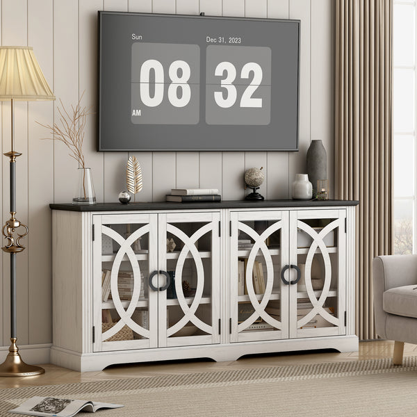 69" Coffee Bar Cabinet, Farmhouse Buffet Cabinet with 4 Glass Barn Doors, Wood Sideboard Storage Cabinet for Kitchen, Dining Room, Living Room, Antique White
