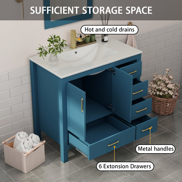 Complete 36" Bathroom Vanity Set with Sink, Faucet, and Storage - Ceramic Countertop, Soft-Close Doors, and Mirror Included, 36 "x18.3 x33