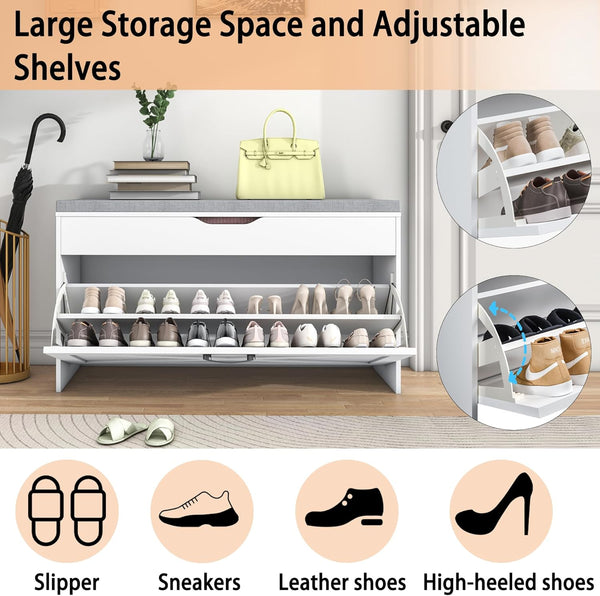 Shoe Storage Bench with Padded Cushion, Entryway Bench with Flip Drawer & Flip-Open Storage Box, Shoe Bench for Entryway, Bedroom, Hallway, Living Room
