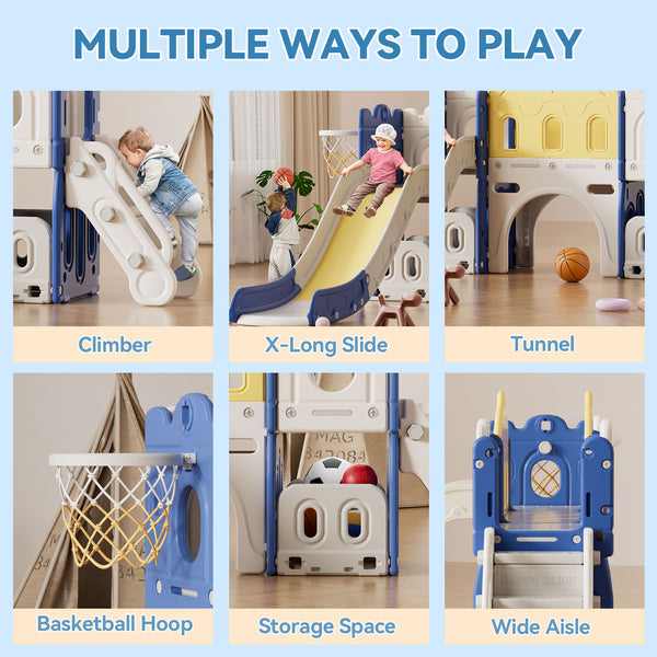 Linor 7-in-1 Toddler Complete Indoor Playset/Playground with Slide, Climber, Basketball Hoop, Tunnel Crawl, and Storage