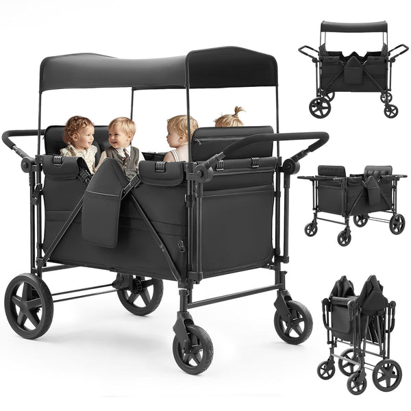4 Seater Stroller Wagon for 4 Kids - Wanan Kids Wagon Stroller with Double Push Bar, 5-Point Harnesses, Adjustable Canopy, Foldable All Terrain Toddlers Wagon for Beach, Camping, Shopping