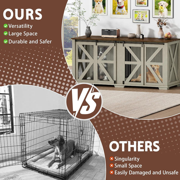 Akaber 71 Inch Double Dog Crate for 2 Dogs，Farmhouse Furniture Style Indoor Heavy Duty Steel Frame Kennel with Sliding Doors & Adjustable Divider, Light Oak