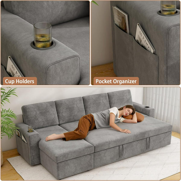 Akaber 103" Sleeper Sofa, L-Shaped Sectional Sofa Bed with Storage Chaise, Reversible 2 in 1 Pull Out Couch with Cup Holders for Living Room, 4-Seater,Grey