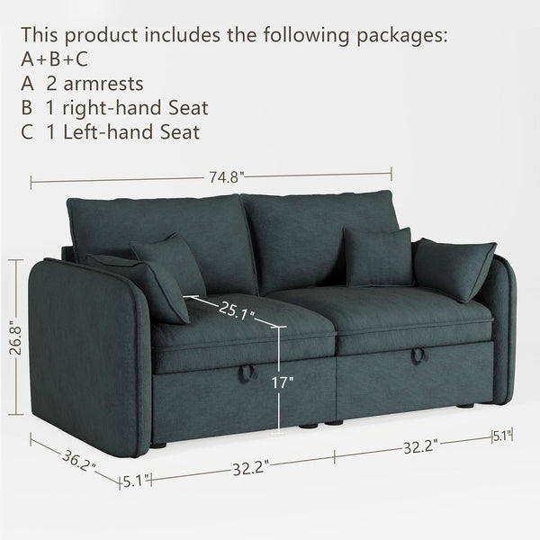 Akaber Modular Sectional Sofa, 75 Inch Loveseat Couches with Movable Storage Ottoman, 25 Inch Deep Seat, Cloud Couches for Living Room, Grayish Green