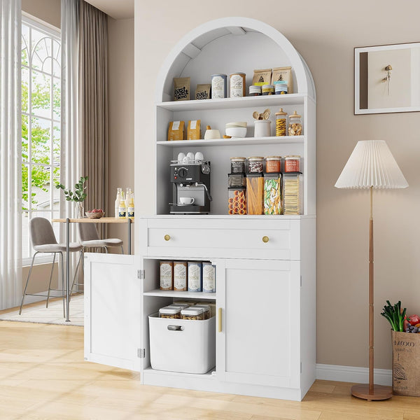 Akaber US 71" Tall Arched Kitchen Pantry Cabinet, Modern Kitchen Storage Cabinets with Hidden Drawer and Spacious Countertop, Wooden Storage Pantry Cabinet for Living Room, Dining Room, White
