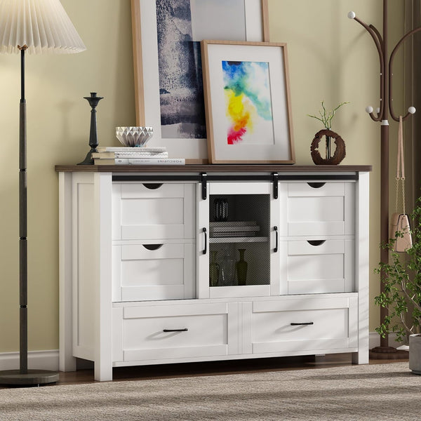 48" Farmhouse with 6 Drawers, 2 Shelves, and Sliding Barn Doors, Linor Farmhouse Chests of Drawers for Bedroom, Drawer Dresser TV Stand for Living Room, Antique White