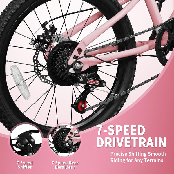 Linor 24" Kids Mountain Bike for Kids 6-12, 7 Speeds Drivetrain Kids Bike, Girls Boys Bike with Suspension Fork, Dual-Disc Brake, Anti-Slip Butyl Tires, Pink