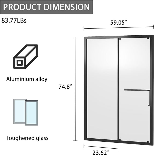 Sliding Shower Door, 59.05" W x 74.8" H Glass Shower Door, Watertight Cleaner Semi-Frameless Shower Door with Seal Strip Parts and Handle, Easy Glide Rollers, Reversible Installation