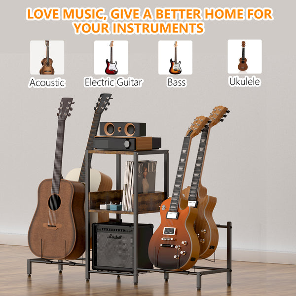 Guitar Stand for 4 Electric or Bass Guitars, Guitar Rack With 3-tier Storage Shelf (Antique Wood)