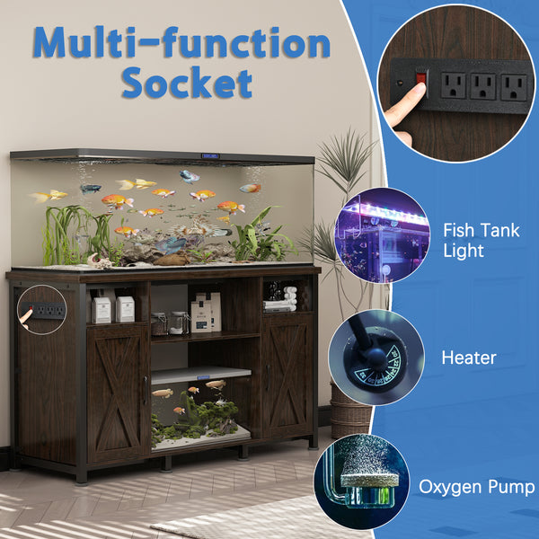 50-75 Gallon Aquarium Tank Stand with Power Outlets and Cabinet for Fish Tank Accessories Storage (Double door)