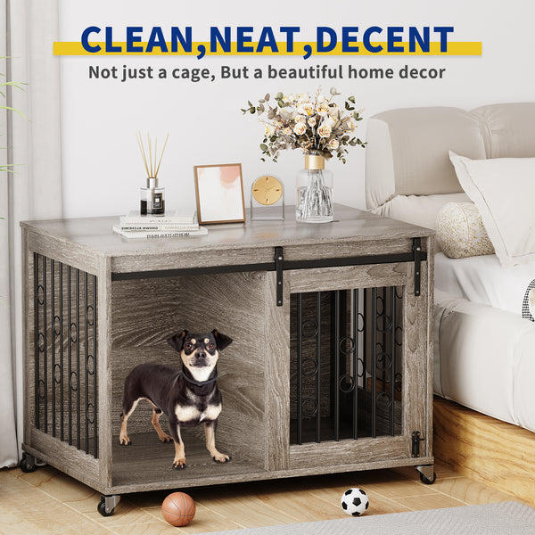 Stylish Dog Crate Furniture with Sliding Barn Door - 39'' Movable Crate with Wheels, Side Door, Detachable Divider, and Flip-Top Design for Small to Medium Dogs