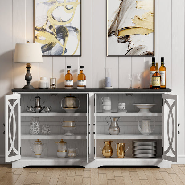 69" Coffee Bar Cabinet, Farmhouse Buffet Cabinet with 4 Glass Barn Doors, Wood Sideboard Storage Cabinet for Kitchen, Dining Room, Living Room, Antique White