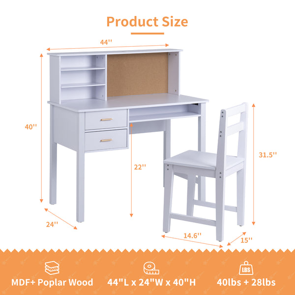 linor Kids Desk and Chair Set, Wooden Children Study Table with Hutch/Drawer & Bulletin Board, Student Study Desks Computer Desk Art Desk for Bedroom Study Room