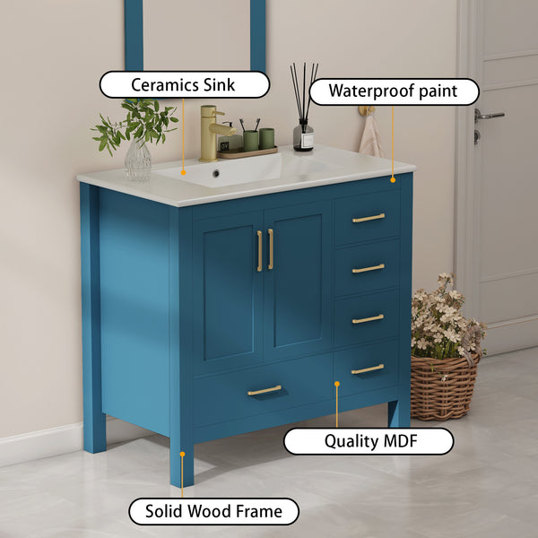 Complete 36" Bathroom Vanity Set with Sink, Faucet, and Storage - Ceramic Countertop, Soft-Close Doors, and Mirror Included, 36 "x18.3 x33