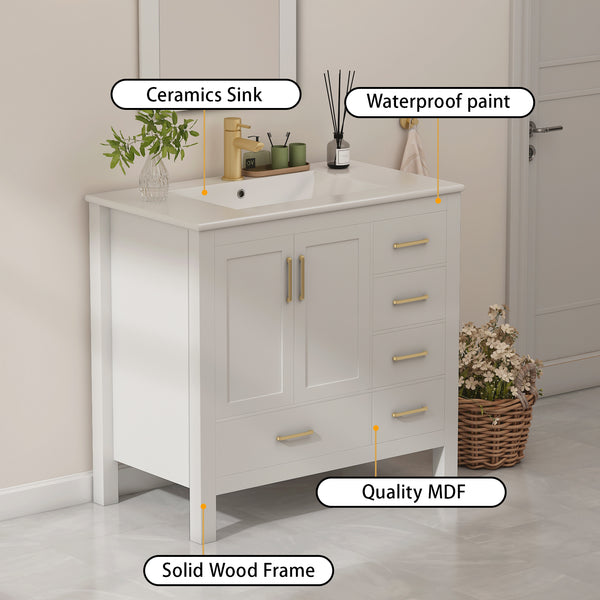 Complete 36" Bathroom Vanity Set with Sink, Faucet, and Storage - Ceramic Countertop, Soft-Close Doors, and Mirror Included, 36 "x18.3 x33