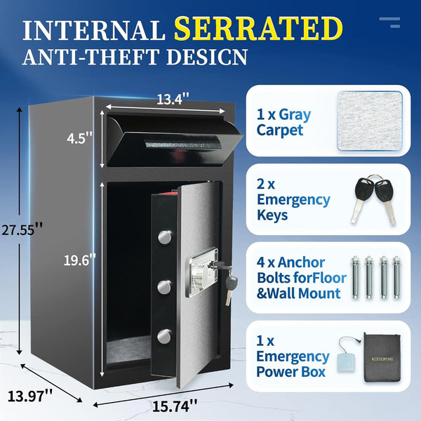 Akaber 5.5 cuft Safe Box Fireproof Waterproof, Drop Money Safe with Digital Lock & Key, 2-in-1 Drop Slot Security Safes for Home Business Use, Anti-Theft Cash Document Jewelry Storage (5.5 CU FT)
