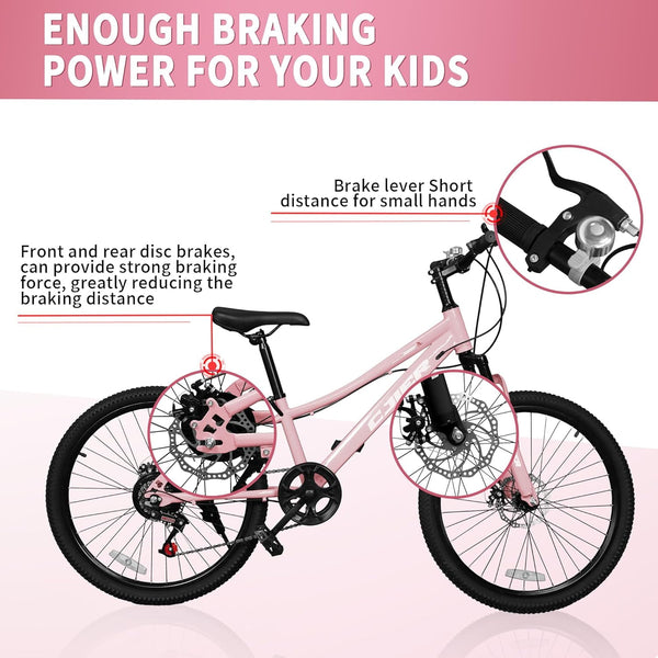 Linor 24" Kids Mountain Bike for Kids 6-12, 7 Speeds Drivetrain Kids Bike, Girls Boys Bike with Suspension Fork, Dual-Disc Brake, Anti-Slip Butyl Tires, Pink