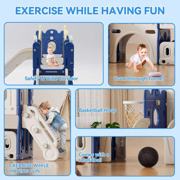 Linor 7-in-1 Toddler Complete Indoor Playset/Playground with Slide, Climber, Basketball Hoop, Tunnel Crawl, and Storage