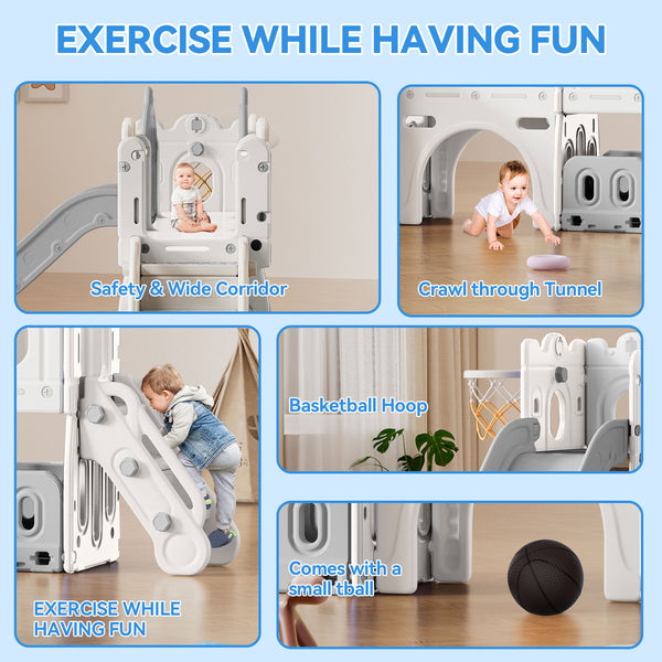 Linor 7-in-1 Toddler Complete Indoor Playset/Playground with Slide, Climber, Basketball Hoop, Tunnel Crawl, and Storage