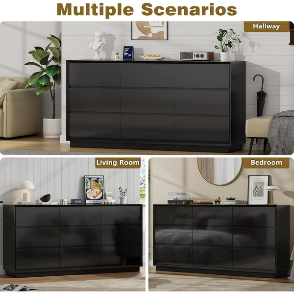 Akaber US 63'' Black Dresser for Bedroom, Glossy Large Dresser with 9 Deep Chests of Drawers for Bedroom, Living Room, Closet