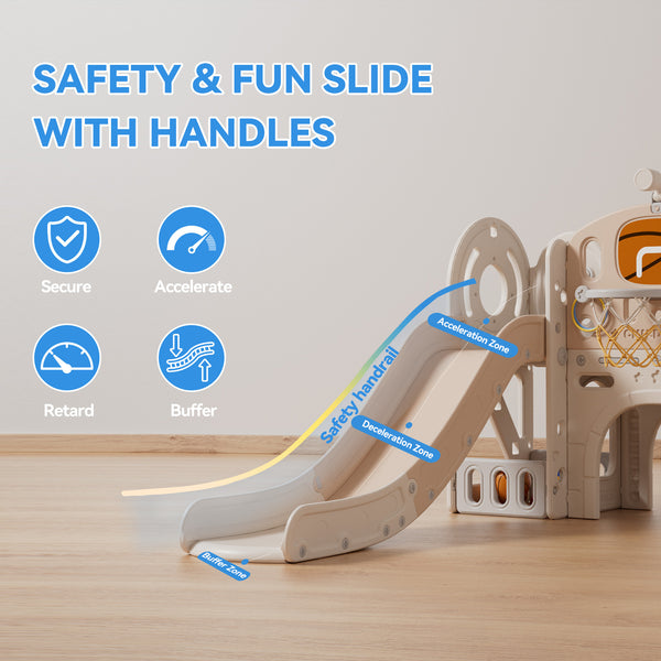 Toddler Slide, 8 in 1 Toddler Indoor Outdoor Playset with Slide, Climber, Basketball Hoop and Ball, Tunnel Crawl, Telescope and Storage Space, Kids Playground Sets for Backyards & Indoor