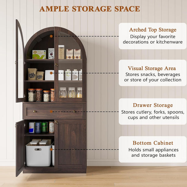 Akaber US 71" Tall Arched Kitchen Pantry Cabinet with Glass Doors, Modern Kitchen Storage Cabinets with Adjustable Shelves and Drawer, Wooden Storage Pantry Cabinet for Living Room, Dining Room