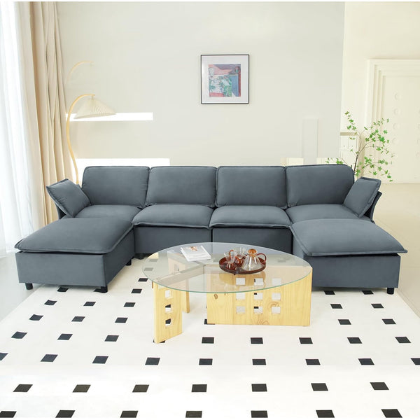 Akaber 130" U-Shaped Cloud Sectional Sofa, Modular Velvet Convertible Sofa Bed with Storage,Plush Living Room Couch (Grey)