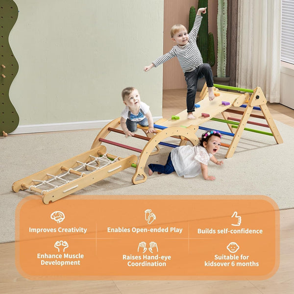 Pikler Triangle Set, Wooden Montessori Climbing Toys for Toddlers
