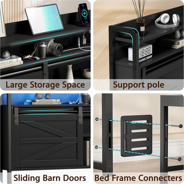 Headboard Queen Size, 3-Tier Storage Headboard with Outlets, USB Ports and LED Light, Queen Headboard Only with Sliding Barn Doors, Width Adjustable, Queen Headboard for Queen Size Beds