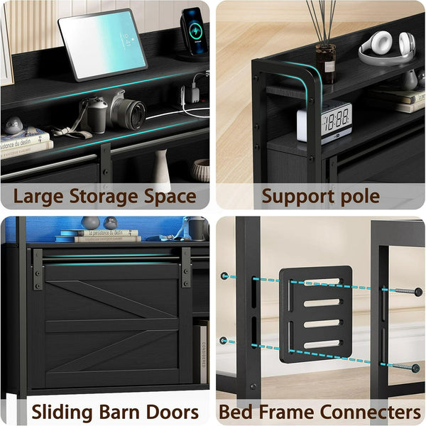 Linor Queen Size Headboard, 3 Tier Storage Headboard with Sliding Barn Doors, Outlets, USB Ports, LED Light, Width Adjustable for Queen Size Beds, Rustic Black