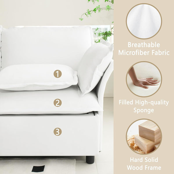 Akaber 130" L-Shaped Cloud Sectional Sofa, Modular Velvet Convertible Sofa Bed with Storage,Plush Living Room Couch (White)