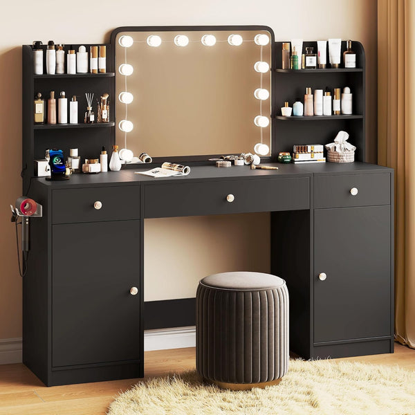 58.2" Large Makeup Vanity with Mirror and Lights, Pipleo Black Vanity with Hair Dryer Holder and Charging Station, Big Vanity Desk with 3 Color Lighting Modes