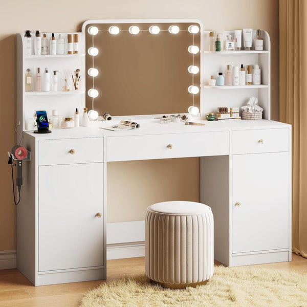 58.2" Large Makeup Vanity with Mirror and Lights, Pipleo Black Vanity with Hair Dryer Holder and Charging Station, Big Vanity Desk with 3 Color Lighting Modes