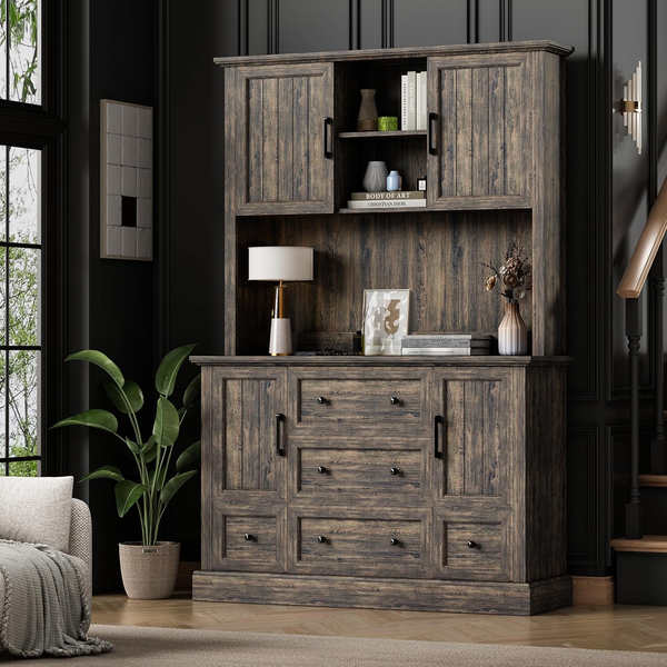 Kitchen Pantry Cabinet, 71" Kitchen Hutch with LED Light & Power Outlets, Farmhouse Kitchen Hutch for Living Room, Bathroom and Dinning Room