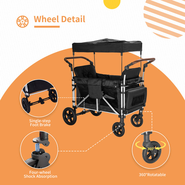 Stroller Wagon for 2 Kids, 2 seater wagon stroller, stroller wagon with canopy(Black)