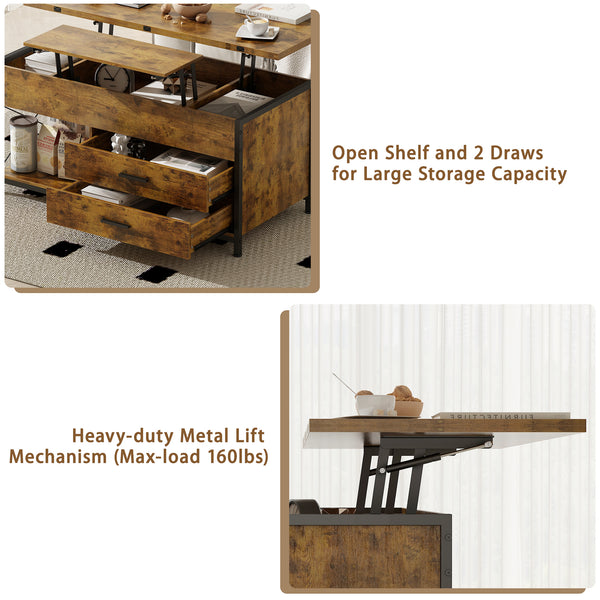 Lift Top Coffee Table, 4 in 1 Multi-Function Coffee Tables with Open Shelf and 2 Drawers, Coffee Table for Living Room, Dining Reception Room, Home Office