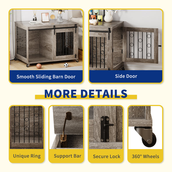 Stylish Dog Crate Furniture with Sliding Barn Door - 39'' Movable Crate with Wheels, Side Door, Detachable Divider, and Flip-Top Design for Small to Medium Dogs