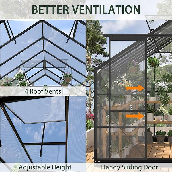 Polycarbonate Greenhouses, 8x20 FT Green Houses for Outside with 4 Adjustable Roof Vents, Walk-in Aluminum Frame Greenhouse with Sliding Doors for Backyard Garden