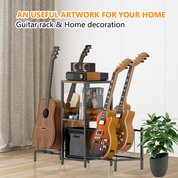 Guitar Stand for 4 Electric or Bass Guitars, Guitar Rack With 3-tier Storage Shelf (Antique Wood)