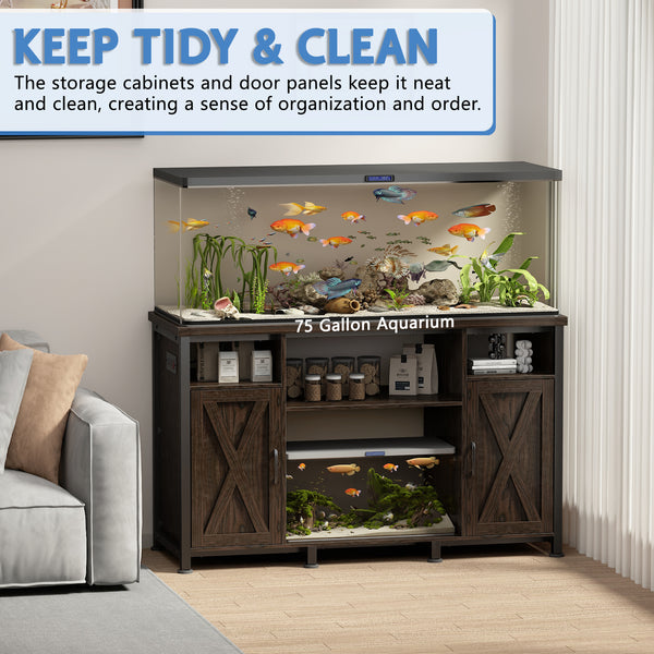 50-75 Gallon Aquarium Tank Stand with Power Outlets and Cabinet for Fish Tank Accessories Storage (Double door)