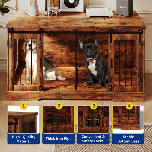Linor Wooden Double Dog Crate Furniture with Divider and Sliding Door for Two Dogs